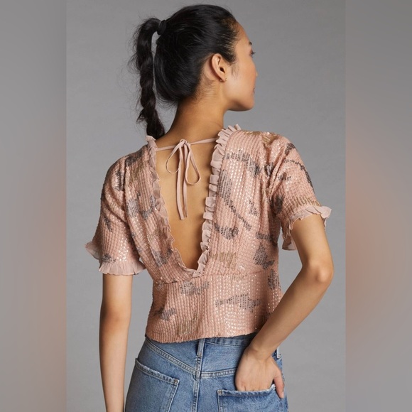 Anthropologie Girl sequined all over Top blush L party ocassion - Picture 2 of 13